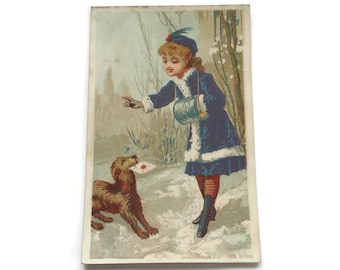Antike französische Chromo Trade Werbekarte, Mädchen Schnee