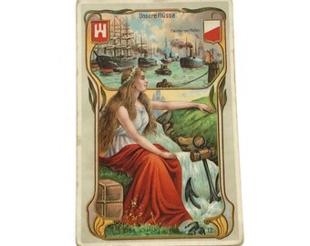 Antike Chromo Trade Werbekarte, Our Rivers - Jugendstil Jugendstil Frau