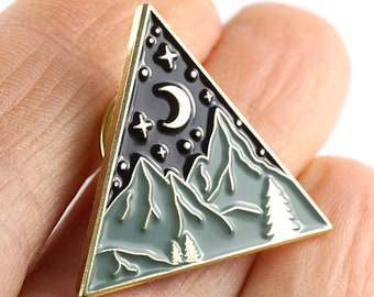 Night Sky Pin, Mountains Lapel Pin for Men Women, Crescent Moon Tie Tack Pin for Hiker, wilderness explorer Gold Metal Triangle pin