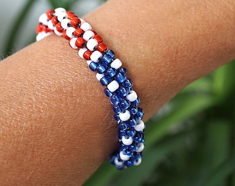 Bracelet drapeau patriotique des Etats-Unis, bracelet corde au crochet de perles drapeau américain, bracelet de perles bleu rouge blanc bijoux patriotiques