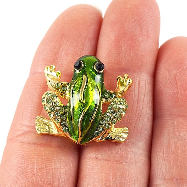 ON VACATION Tiny Green Frog Brooch, Vintage Gold Frog Pin, Tiny Rhinestone Crystal Brooch Pin, Enamel Frog Prince gold jewelry