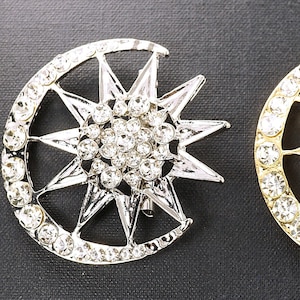 Broche grote maansikkel met ster, vintage kristallen broche, zilveren of gouden brochespeld, hemelse strass-sieraden