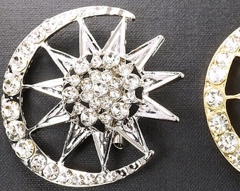 Broche Ancienne Croissant De Lune Avec Brillants – XIXe Siècle, Argent Massif, Occasion Portée