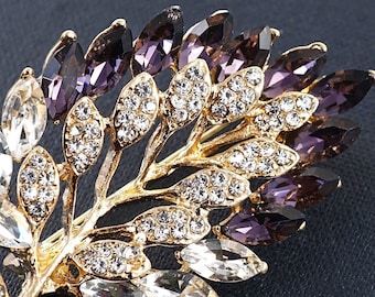 ON VACATION Stunning Crystal Feather Brooch, Gold Pin, Clear and Purple Rhinestones Vintage Brooch