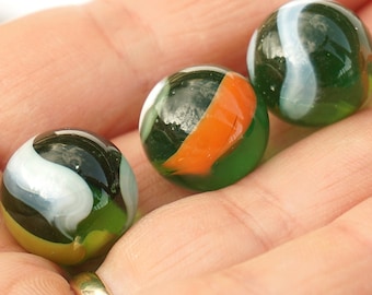 ON VACATION Vintage German Glass Marble 15 to 16mm Green White Yellow Orange Swirl Marble Vintage Marble Perfect Condition