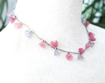 Pink Small Handmade Glass Flower Necklace Delicate Dainty Tiny Seed Beaded Thin Choker Vintage Jewelry Men gift for her him
