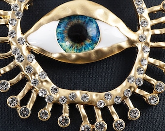 Stunning Eye Brooch, Luxury Blue Eyeball Pin, Vintage Magic Eye with Gold Eyelashes Rhinestone