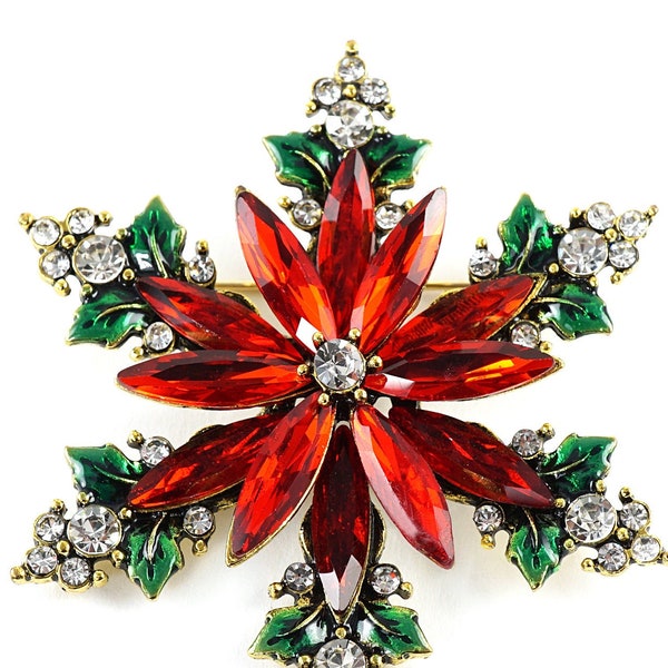 ON VACATION Stunning Christmas Star Brooch Gold Snowflake Pin Red Crystal Rhinestone Poinsettia Flower Green Holly Leave Vintage Idea