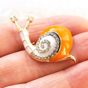 Small Orange Snail Brooch Pin, Enamel and Rhinestone Brooch, Gold Pin, Vintage brooch