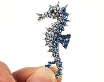 Silver Blue Seahorse Brooch, Ocean Sea Horse Vintage Jewelry Tiny Rhinestone Crystal Marine Pin Vintage Brooch Pin Christmas Gift