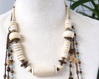 ON VACATION Vintage 60s Necklace Big Chunky Beaded Necklace, Rustic Large Bone and Metal Beads, Unique Statement Necklace