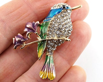 Broche Oiseau Or émaillé Vert Bleu Strass - Très Bon état - Occasion