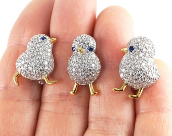 Exquisite Tiny Bird Brooch Pin, Silver Gold Chick Petite Clear Rhinestone Crystal, Blue Eyes, Vintage Wedding Jewelry