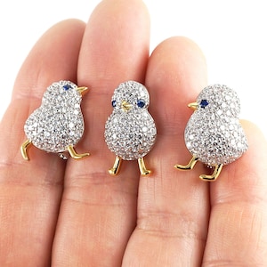 Exquisite Tiny Bird Brooch Pin, Silver Gold Chick Petite Clear Rhinestone Crystal, Blue Eyes, Vintage Wedding Jewelry