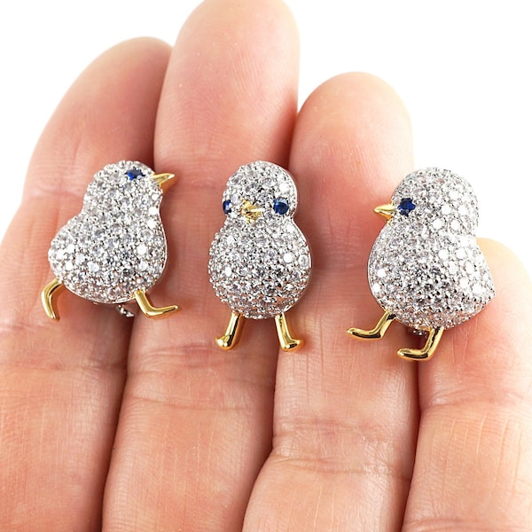 ON VACATION Exquisite Tiny Bird Brooch Pin, Silver Gold Chick Petite Clear Rhinestone Crystal, Blue Eyes, Vintage Wedding Jewelry