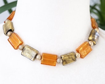 ON VACATION Exquisite Vintage Artisan Lampwork Glass Bead Necklace, Fancy Old Gold Orange Rectangle Beads