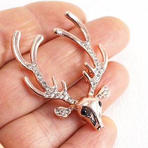 Broche de alce vintage em ouro rosa, chifres de alce com strass, broche de lapela para homens, broche de ouro, broche de colarinho de animal