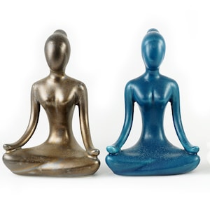 Small Meditation Yoga Figurine, Blue or Bronze Glazed Porcelain, Woman Ohm Collectible Yoga Sculpture Modern Decor