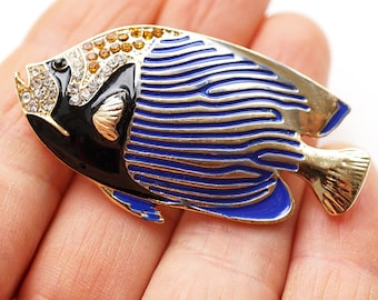 ON VACATION Colorful Fish Brooch, Blue Tropical Fish Pin, Rhinestone Enamel Gold Fish Brooch, Vintage Marine Ocean Aquarium Jewelry