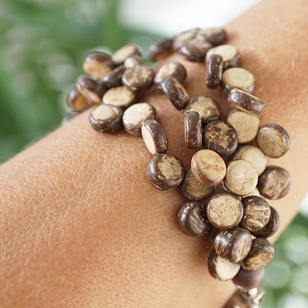 ON VACATION Natural Coconut Wood Bracelet, Multi strand 3 Layer Bracelet, Brown 70s Retro Fashion, Bohemian Vintage Jewelry