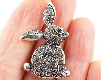 ON VACATION Cute Little Bunny Brooch, Tiny Silver Rabbit Pin, Spring Easter Bunny Pin, Vintage Rhinestone Brooch, Pet Brooch