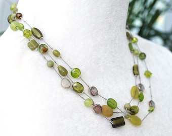 Vintage 3 Layered Necklace, Mixed Green Glass Beads, Knotted Silver and Glass Beads, Multi Strand Choker Men gift for her him