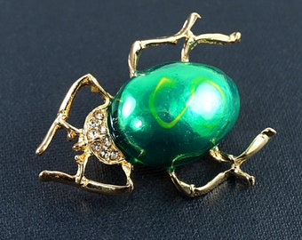 Green Bug Brooch, Vintage Enamel Beetle Pin, Gold Insect Pin Brooch, Rhinestone Crystals