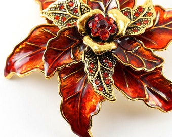 Vintage Poinsettia Christmas Brooch, Large Holiday Flower, Rhinestone Crystal Enamel Red Leaf Plant Pin Pendant Nature Inspired Jewelry