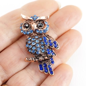 Blue Owl Brooch, Vintage Copper Owl Pin, Glass Rhinestone Brooch School Graduation Student Teacher Gift Shawl Scarf Pin