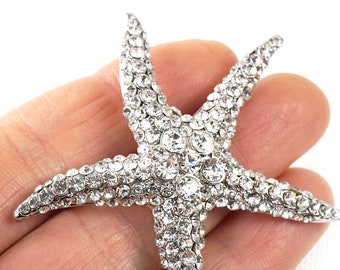 Crystal Silver Starfish Brooch, Vintage Wedding Jewelry, Tiny Rhinestone Starfish Pin
