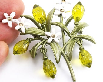 ON VACATION Exquisite Lemon Lime Brooch, Flowering Branch with Dangle Fruit Brooch, Green Leaf Pin, Vintage Brooch Pin Botanical