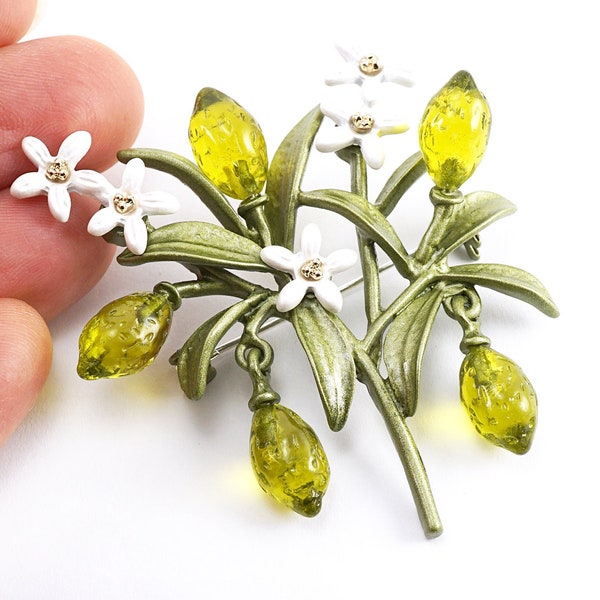 ON VACATION Exquisite Lemon Lime Brooch, Flowering Branch with Dangle Fruit Brooch, Green Leaf Pin, Vintage Brooch Pin Botanical