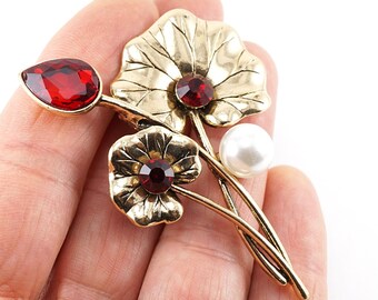 ON VACATION Red Crystal Flower Brooch, Art Deco vintage Brooch, White Pearl Jewelry, Red Rhinestone Botanical Brooch Pendant