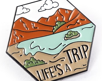 ON VACATION Life's a Trip Brooch, Camping Lapel Pin Road Trip Mountains Lake Nature Tie Tack Pin Hiker wilderness explorer Hexagon Metal Pin