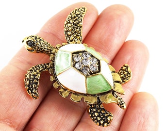 ON VACATION Brass Turtle Brooch, Green White Enamel, Rhinestone Turtle Pin, Vintage Beach Jewelry