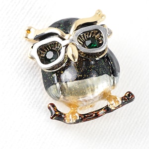 Cute Little Owl Brooch, Gold and Silver Pin, Owl with Glasses and Eyebrows Enamel Graduation Student Teacher Gift