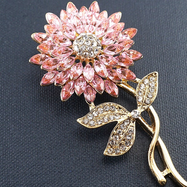 Stunning Pink Purple Crystal Flower Brooch, Pink Dahlia Flower, Small Marquise Crystal Rhinestone Pin, Gold Daisy Vintage Jewelry