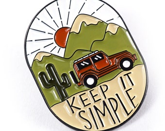 ON VACATION Keep it Simple Brooch, Camping Jeep Lapel Pin Road Trip Mountains Cactus Sunset Nature Tie Tack Pin Hiker wilderness explorer