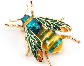 IM URLAUB Juwel Blau Teal Grün Bienen Brosche, Vintage Biene Pin, Emaille Insekt Brosche, Gold Biene Pin Insekt Schmuck Vintage Fliege