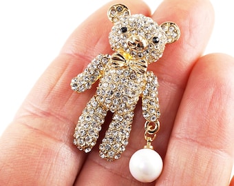 ON VACATION Cute Little Teddy Bear Brooch, Gold Rhinestones Faux Pearl Dangle Pin, Animal Toy Brooch, vintage jewelry