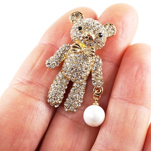 Nette kleine Teddybär Brosche, Gold Rhinestones Faux Perle baumeln Pin, Tier Spielzeug Brosche, Vintage-Schmuck