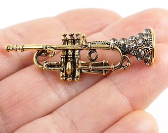 ON VACATION Exquisite Trumpet Brooch, Golden Music Pin, Tiny Rhinestones, Jazz Musician Gift, Vintage Jewelry