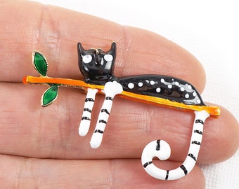 Relaxing Cat Brooch, Black and White Cat Lounging on Branch Pin, Pet Kitten Brooch, Polka Dot Stripe Tail, Vintage Brooch