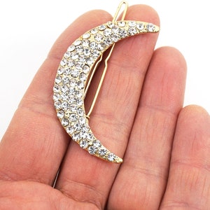 Large Crescent Moon Hair Clip, Sparkling Crystal Hair Pin, Rhinestone Pin, Gold Wedding Barrette, Tiny Rhinestones Pin