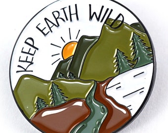Keep Earth Wild Brooch, Camping Lapel Pin Road Trip Mountains Sunset Nature Tie Tack Pin Hiker wilderness Environment Round Button Metal Pin