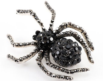 ON VACATION Large Black Spider Brooch, Tiny Rhinestones Spider Pin, Big Crystal Spider Brooch, Spider Jewelry