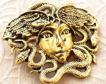 Medusa Brooch Pin, Greek mythology Female Monster Gorgon Face, Snakes Wings, Vintage Brooch Pendant Loop on the back