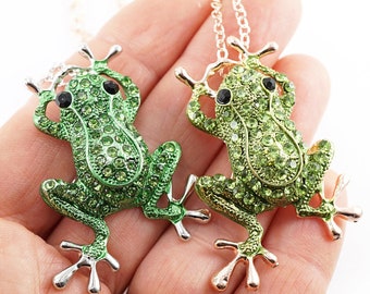 ON VACATION Vintage Green Frog Brooch Pin, Rhinestone Gold or Silver Frog Enamel Brooch Pendant, Free Chain Necklace