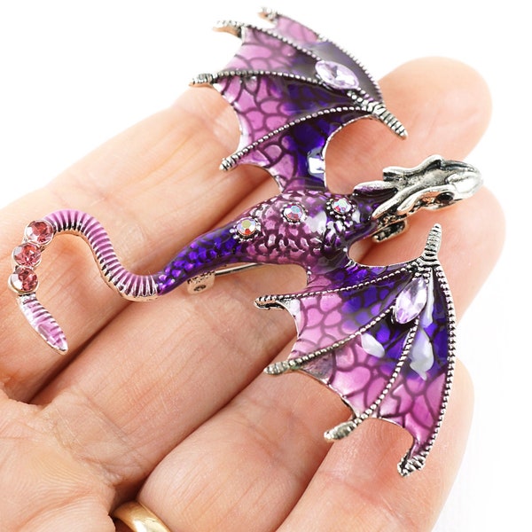 ON VACATION Purple Dragon Brooch, Silver Flying Dragon Pin, Pink Rhinestone Brooch Pendant for Necklace, Vintage Jewelry