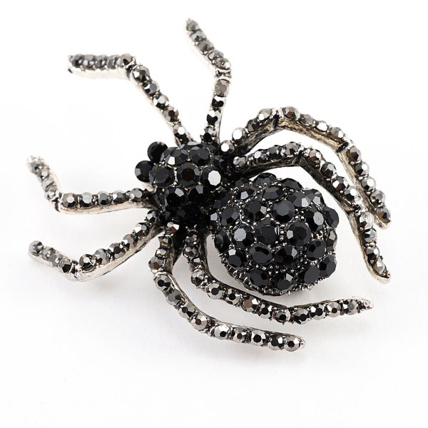 ON VACATION Large Black Spider Brooch, Tiny Rhinestones Spider Pin, Big Crystal Spider Brooch, Spider Jewelry